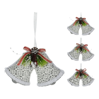 Vianočné zvonky 14 cm čipkované so stuhou, strieborné trblietky, mix /1ks